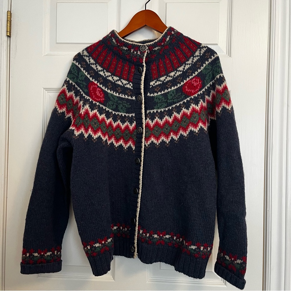 Vintage Woolrich Nordic Wool Mohair Fair Isle Rose Button Cardigan Size XL